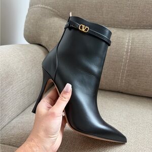 Valentino Garavani Black Leather Pointed Ankle Boot with Gold V Logo